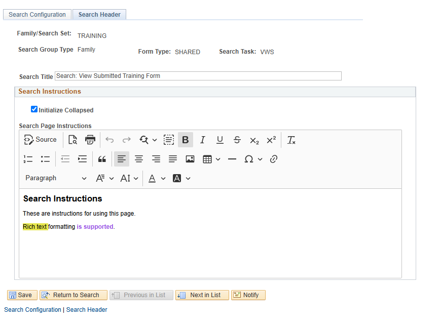 Search Title and Instructions Configuration