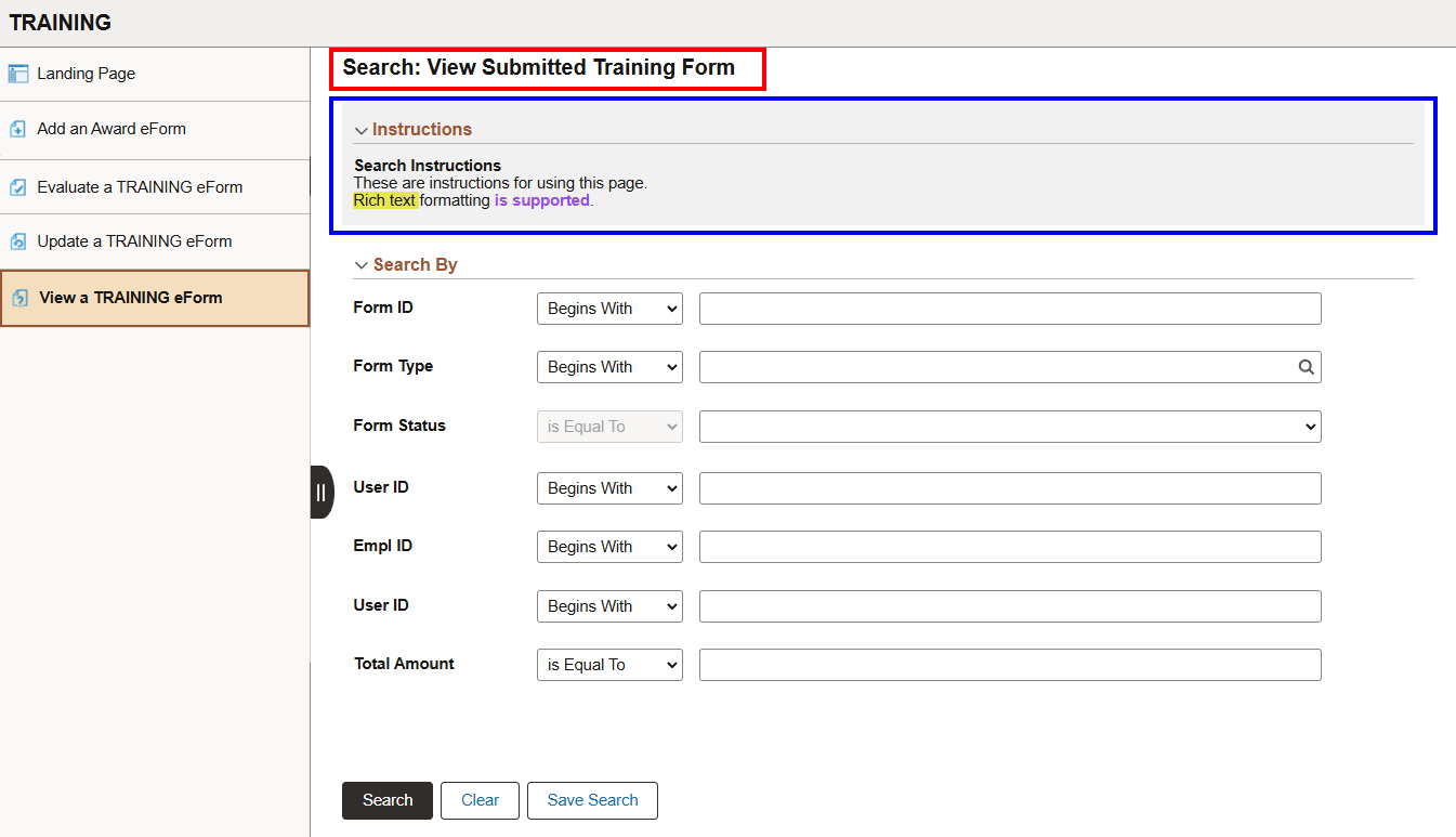 Search Title and Instructions Display
