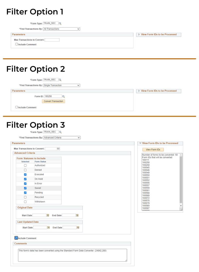 A screenshot that shows the three methods for running the Standard Form Data Converter