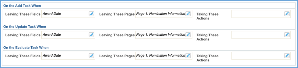 A screenshot of the options that allow users to decide which tasks, pages, and fields will trigger a validation.