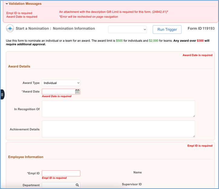 An example of the &#39;Validation Messages&#39; section that appears at the top of the screen for delivered validations.