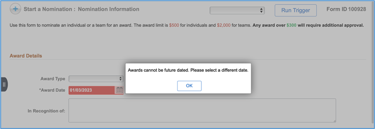 An example of a configurable popup validation message that appears when &#39;display validations on page&#39; is unchecked.