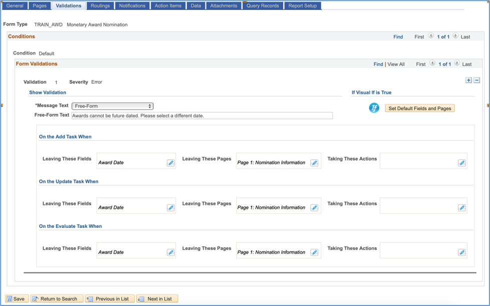 A screenshot of the Validations tab with a configure Validation