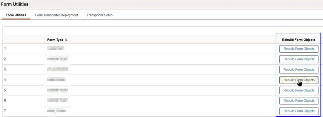 A screenshot of the &#39;Rebuild Form Objects&#39; button that appears in the Form Utilities menu